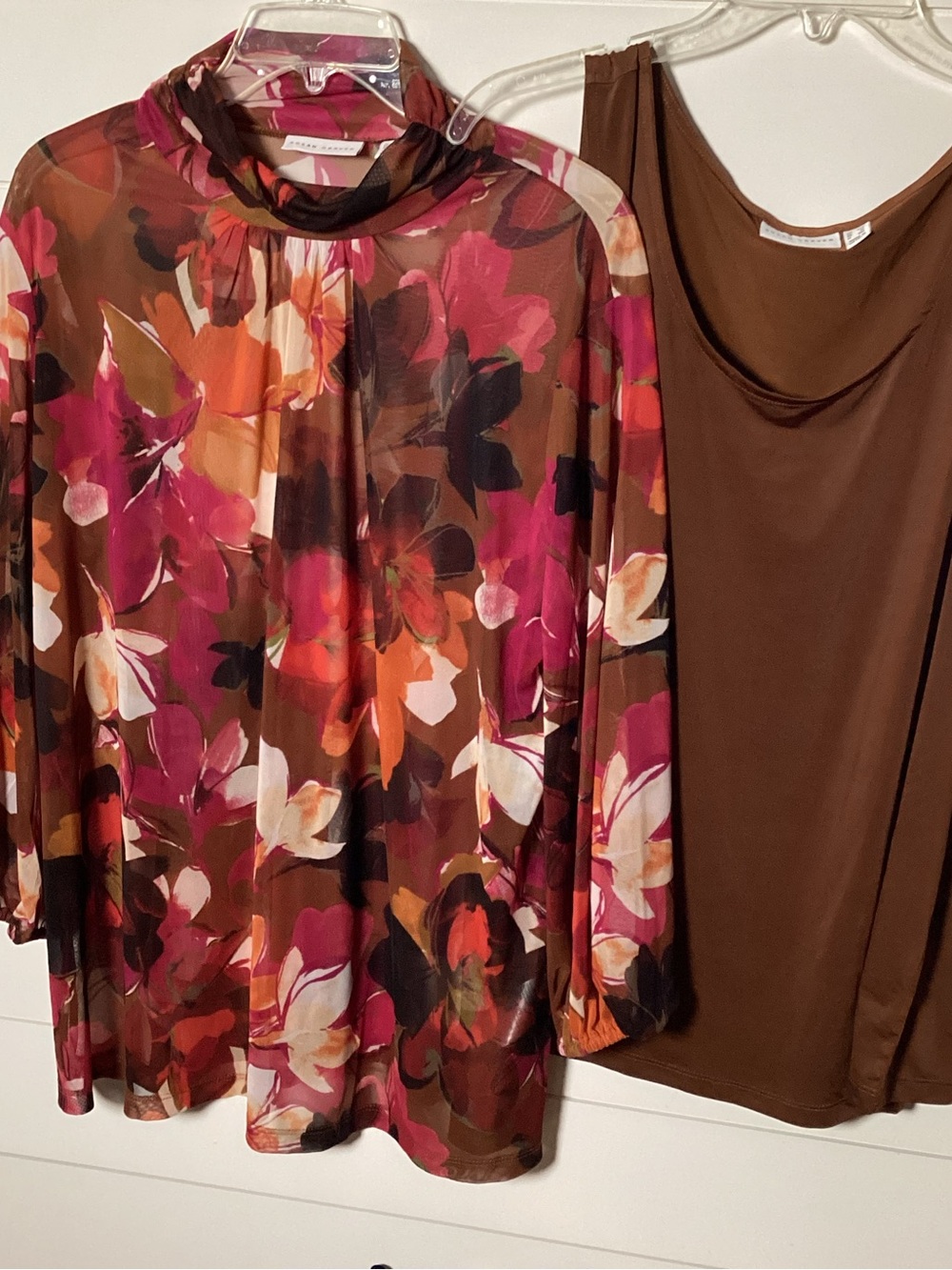 Susan Graver Floral Mesh Mock-Neck Top with Brown Tank - Pink Orange Cream
